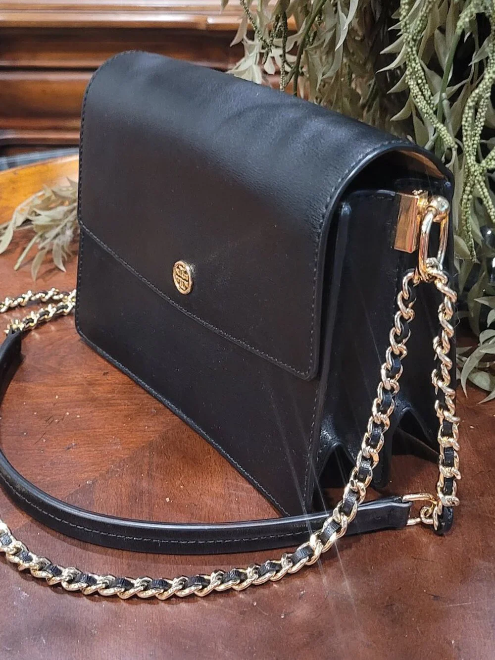 Tory Burch Black Robinson Mini Convertible Shoulder Purse Leather Gold Chain